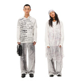 Printed raw pleated cotton and linen white shirt