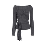 WRAP TIE BOATNECK TOP_Charcoal