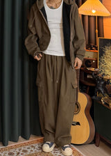 Unisex Couple Golden Hooded Sweatshirt and Cargo Drawstring Pants Set