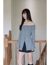 BUTTON OFF-SHOULDER KNIT(GREY)