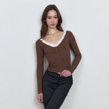 C LACE BUTTON T-SHIRT_BROWN
