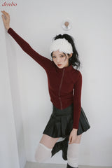 velvet line half-turtleneck zip-up slim top
