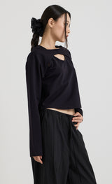 コットンレイヤード長袖Tシャツ, Black