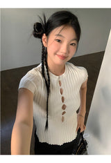 Hollow slit slim ribbed short sleeve tee