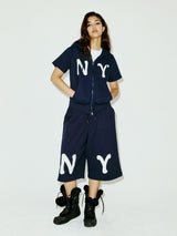 NY APLIQUE SS HOOD ZIP UP NAVY