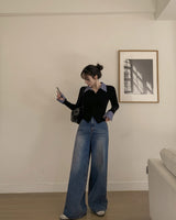 Fleece wide denim pants