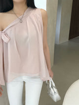 Lovie Unbal One-Shoulder Ribbon Chiffon Blouse
