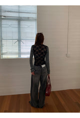 V-neck stripe back see-through T-shirt
