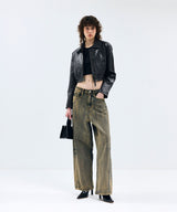 85-VIVAJ004 [Vegan Leather] Vintage Shape Crop Bold Biker Leather Jacket