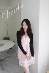 peach chiffon frill lace dress (cardigan set)