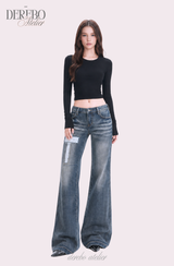 Cross-washed long semi-bootcut denim