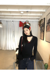 Choker V-neck Lace V-neck Long Sleeve T-shirt