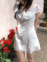 More Ribbon Eyelet Lace White Mini Dress 