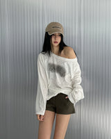 バタフルプリントオフショルダー長袖Tシャツ
