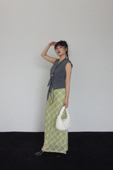 MELON CHECK RIBBON LONG SKIRT