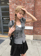 Ession Ribbon Puff V-Neck Check Shirt