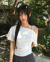 クリムドットストリングオフショルダーシャーリング半袖Tシャツ