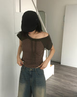 Chenler Striped Off-Shoulder Short-Sleeve T-shirt