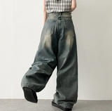 Andy Knee Damage Cutting Deep Washed Denim Wide Pants