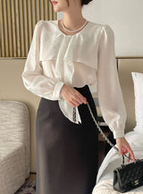 Marron Volume Ribbon Puff Blouse