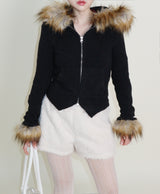 デッカウルフジョットフード付きファーニットジップアップジャケット (Wool Jacket)