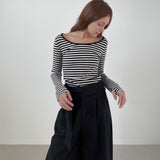 ストライプスクープネックTシャツ_ブラック