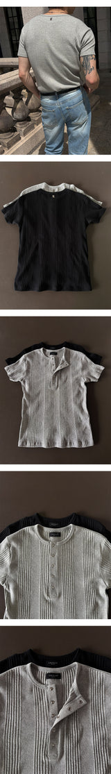 [S/S] ハイリベッドヘンリーネックハーフニット(2color)