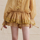 Unique Flare Wave Stripe Punched Drape Shirt Short Pants Set