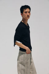 Contrast ribbed henley long Sleeve(Black)