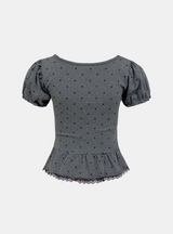 グリッドドットリボンフリルTシャツ