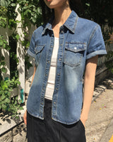 Curb side button pocket washed denim shirt