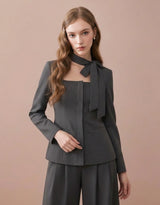 Elena Ribbon Tie Square Neck Tailored Jacket Gray
