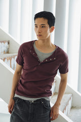 High ribbed henley neck half sleeves(Burgundy)