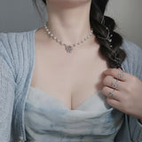 バタフライフェアリーパールチョーカーネックレス - Silver Color
