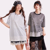 レースストライプミックススリムフィットTシャツ