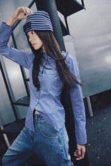 SOFT BOW BEANIE STRIPE BLUE