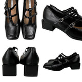 Two buckle Mary Jane square toe middle heel loafers (2 colors)