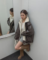 [Mink lining] キャッチレザーハイネックハーフコート