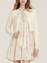 Peach puff ribbon neck shirt button dress