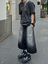 Cutting line vintage washing denim bermuda pants 2C