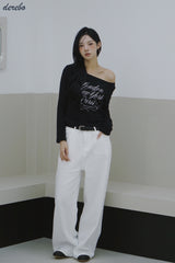 wide neck lettering normal fit long-sleeved T-shirt