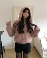 Winter Angora Knit Hooded Cardigan