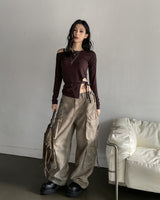 NP Slit Strap Unbalance Shoulder Long Sleeve