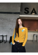 Flower Broach Yellow Round Cardigan