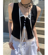 ウィスパーレースカラーブロックノースリーブトップス (Black)