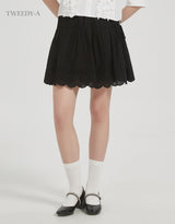 Double ribbon lace banding flare skirt black