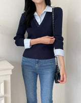 Ballon Shirt Layered V-Neck Shirring Knit