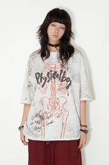 スケルトンレースプリントロールヘム半袖Tシャツ-white