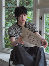 Yushi ストライプヘンリーネック半袖Tシャツ