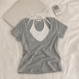 ユニークディープVネックホルターショートスリーブTシャツ (3 colors)